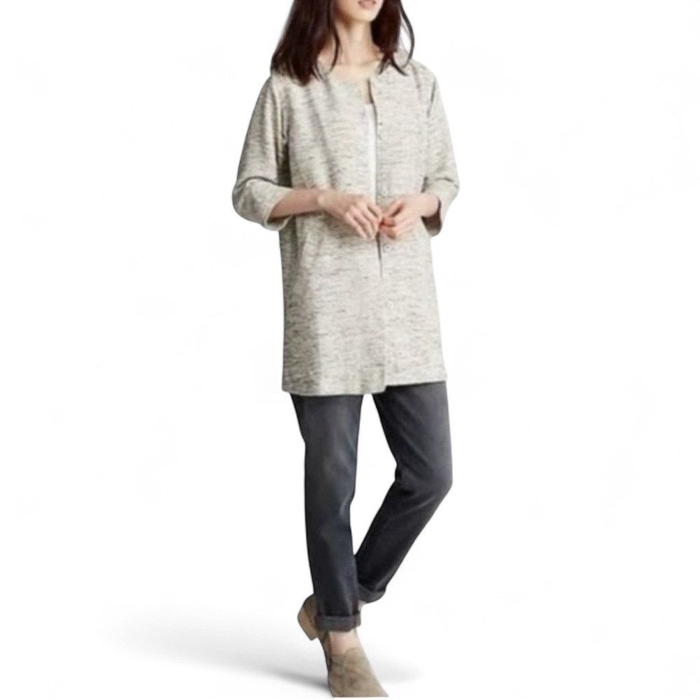 Eileen Fisher Textured Tweed Long Jacket Ivory Gray Minimalist Lagenlook Sz M